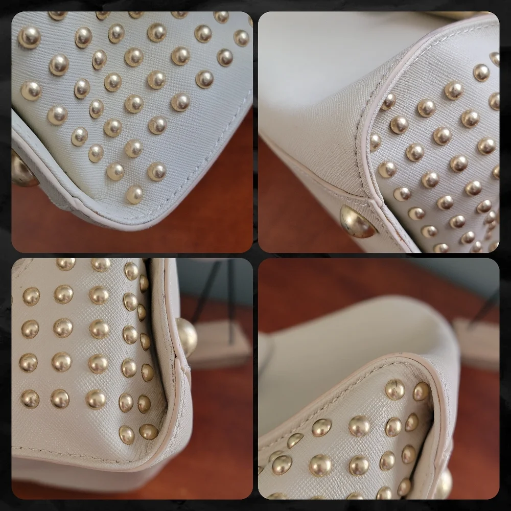 Zac Posen Eartha Studded Cream Saffiano Leather Satchel Crossbody Bag